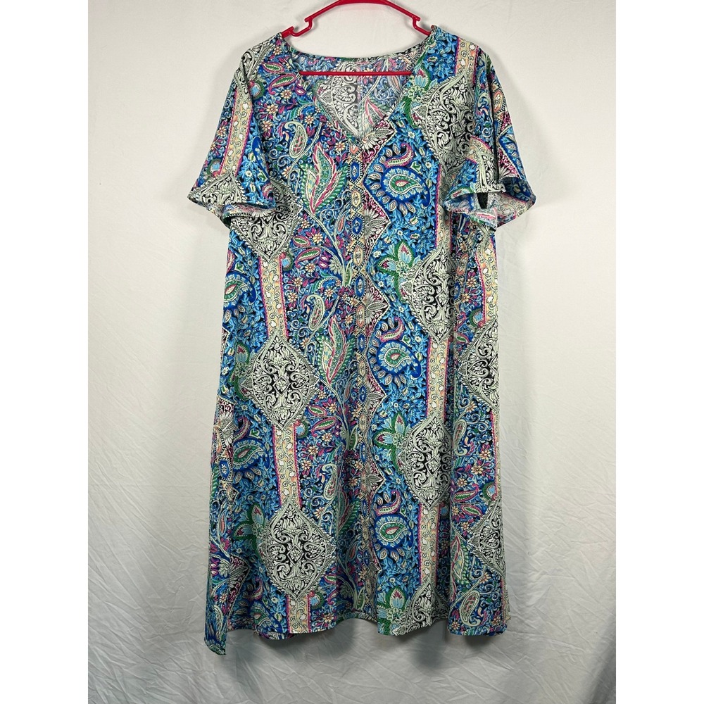 Shein Curve Dress Womens 3XL Blue Paisley V Neck Short Sleeve Shift Midi